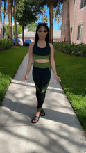 Load image into Gallery viewer, Black and green yoga pants and bra top
