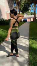 Load image into Gallery viewer, Black and green yoga pants and bra top
